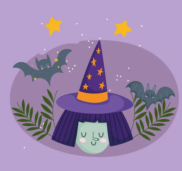 Счастливый Хэллоуин, парикмахерская со звездами в шляпах и трюк с летучей мышью или вечеринка в честь праздника — стоковый вектор
