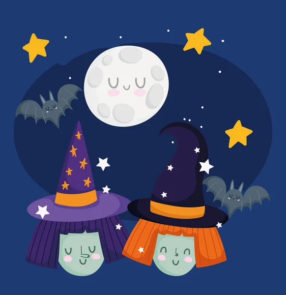Šťastný Halloween, čarodějnice tváře netopýrů noční hvězdy měsíc trik nebo léčit party oslavy — Stockový vektor