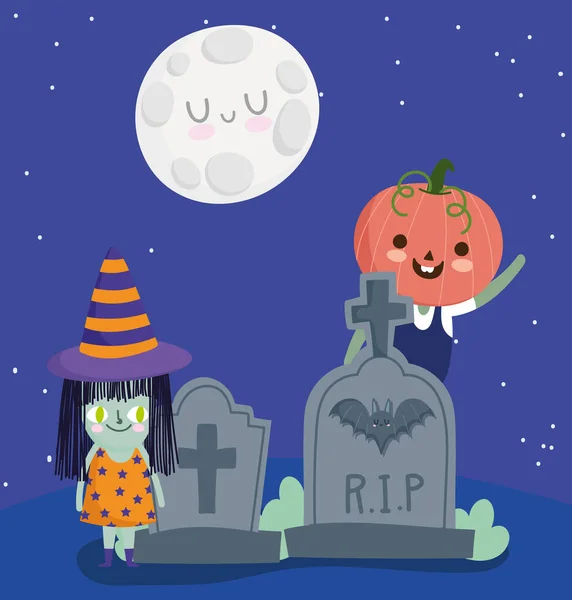 Šťastný halloween, čarodějnice a dýně kostým hřbitov náhrobky měsíc noční trik nebo léčit party oslavy — Stockový vektor