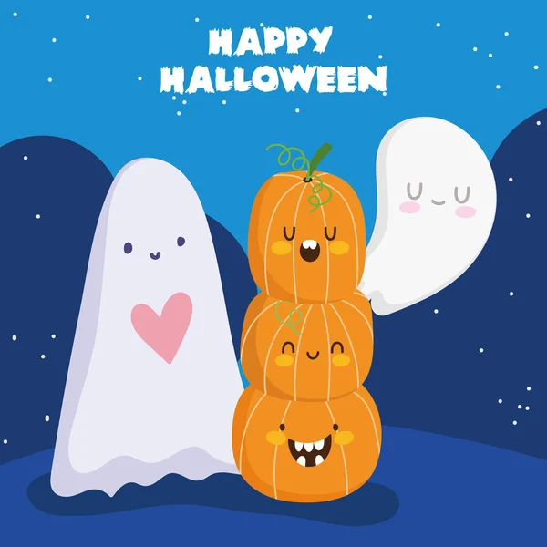 Feliz halloween, fantasmas y pila de calabazas truco o fiesta de convite — Archivo Imágenes Vectoriales
