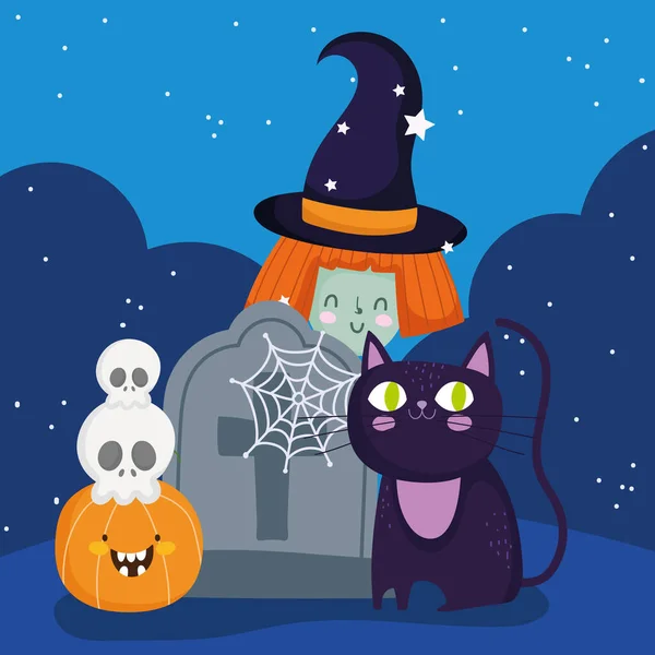 Mutlu cadılar bayramı, cadı kedi mezar taşı kafatası ve balkabağı şakası ya da parti kutlaması — Stok Vektör