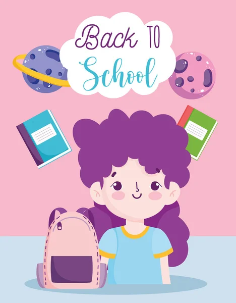 Voltar para a escola, mochila menina estudante e livros didáticos desenho animado educação elementar —  Vetores de Stock