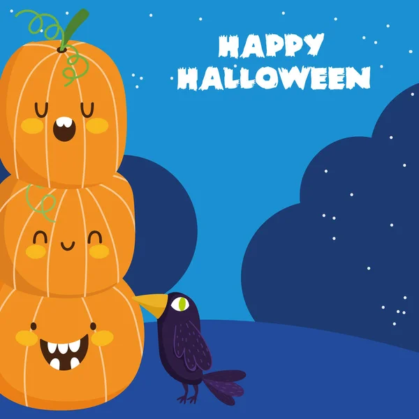 Happy Halloween, stack of pumpkins and raven trick or treat party celebration — стоковый вектор