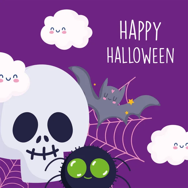 Feliz halloween, lindo cráneo araña murciélago nubes y cobweb truco o tratar fiesta celebración — Vector de stock