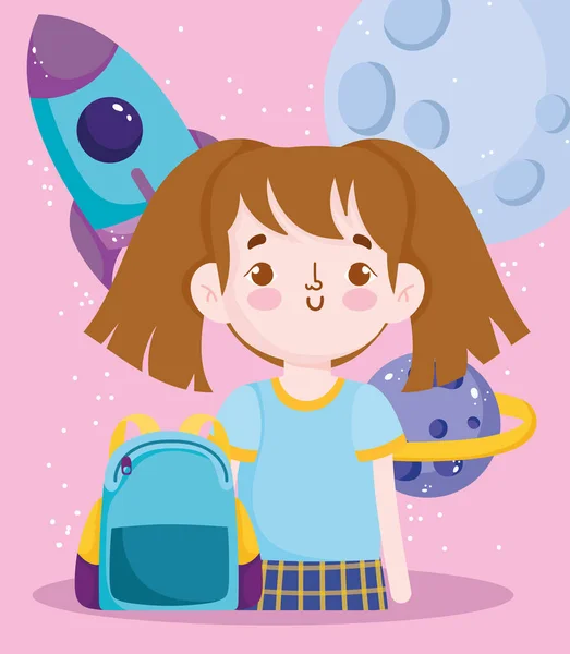 De vuelta a la escuela, estudiante niña cohete lección de ciencias dibujos animados educación primaria — Vector de stock