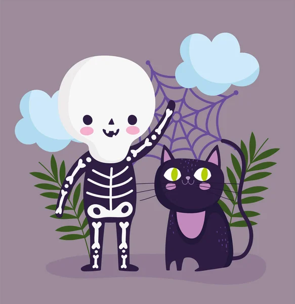 Šťastný halloween, kostým kostra a kočka trik nebo léčit party oslavy — Stockový vektor