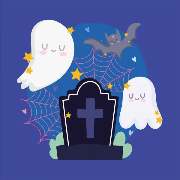 Gelukkig Halloween, grafsteen geesten en vleermuis nacht ster truc of traktatie feest viering — Stockvector