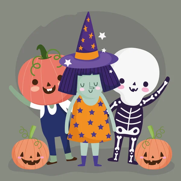 Feliz halloween, esqueleto de bruja y trajes de calabaza personajes engañan o tratan fiesta celebración — Archivo Imágenes Vectoriales