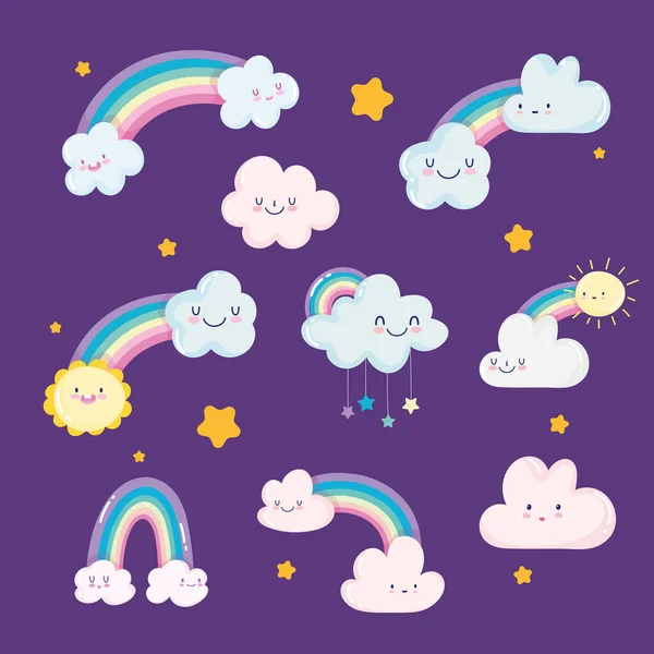 Arco iris nubes sol estrellas cielo sueño dibujos animados decoración — Vector de stock