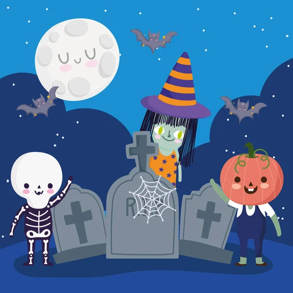 Gelukkig halloween, heks skelet pompoen begraafplaats grafstenen vleermuizen nacht truc of traktatie feest viering — Stockvector