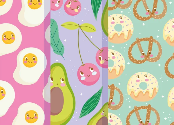 Design de motif alimentaire mignon, fruits boulangerie oeufs sucrés et frits bannières — Image vectorielle