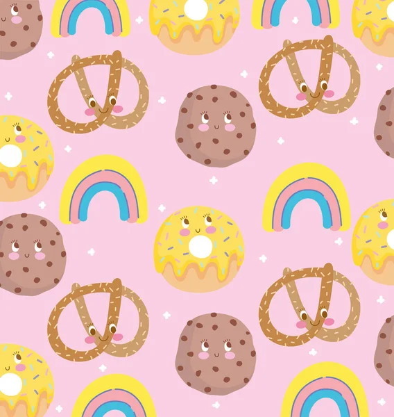 Милый дизайн шаблона питания, украшения крендельки пончики и радуги — стоковый вектор