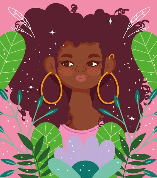 Afro amerikai nő fülbevaló rajzfilm virágok portré — Stock Vector