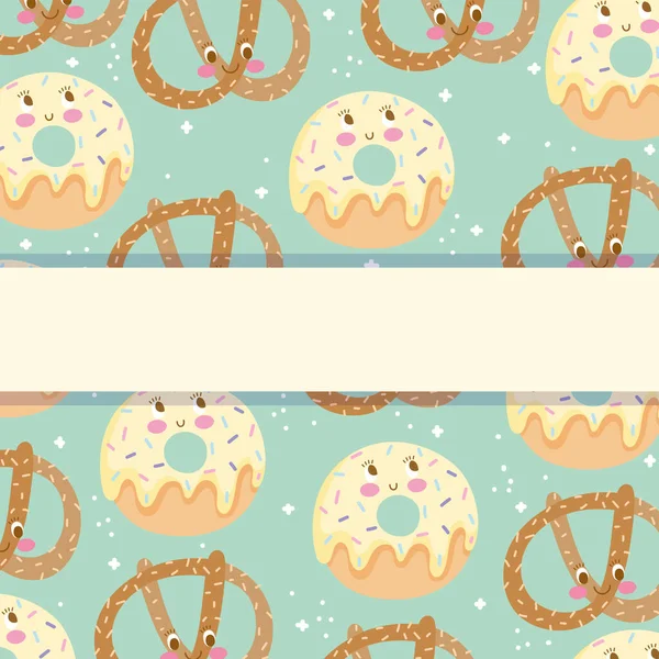 Schattig eten patroon ontwerp, bakkerij pretzel en donuts zoete cartoon — Stockvector
