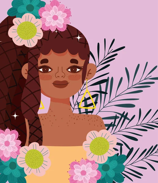 Afroamerikanerin künstliche Haare flechten cartoon flowers portrait — Stockvektor