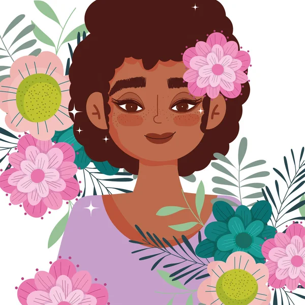 Afro americano mulher desenho animado flor na cabeça retrato — Vetor de Stock