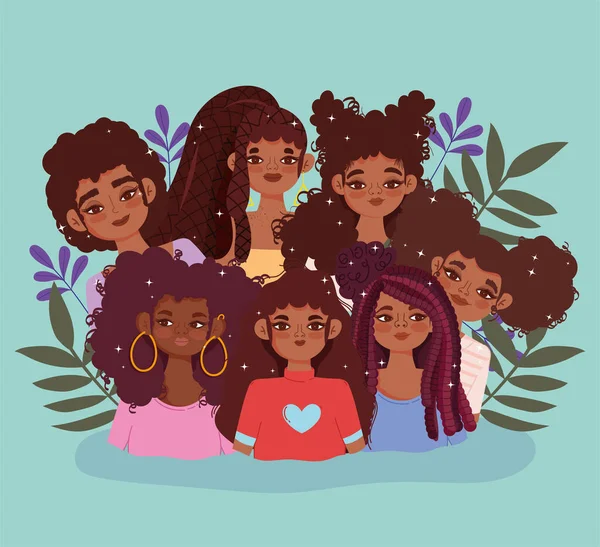 Mulheres jovens afro-americanas personagens avatar desenhos animados femininos — Vetor de Stock