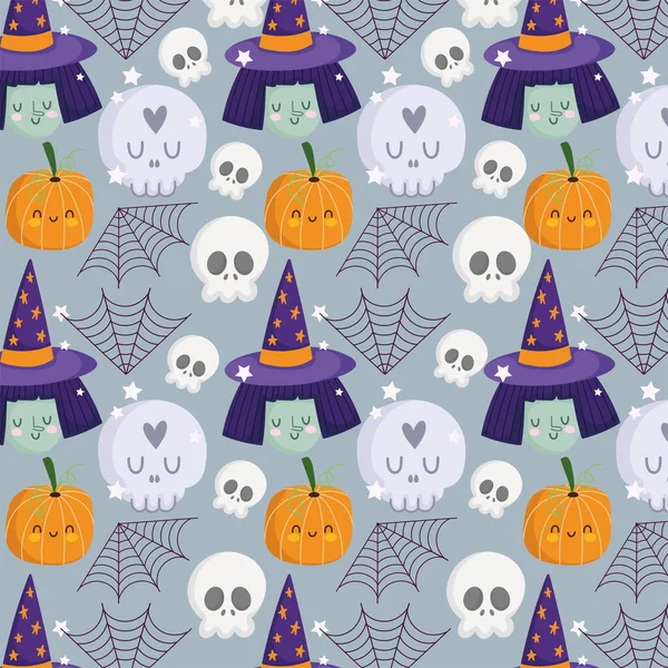 Gelukkig halloween, heks gezicht schedels pompoen hoed spinnenweb truc of traktatie feest viering achtergrond — Stockvector