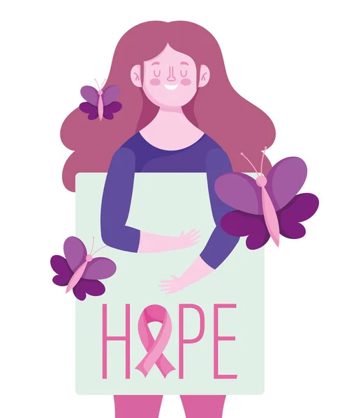 Brustkrebs Bewusstsein Monat Frau mit Hoffnung Plakat und Schmetterlinge Design — Stockvektor