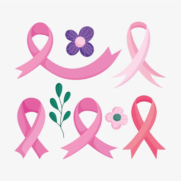 Breast cancer awareness month pink ribbons flowers design — Stock Vector