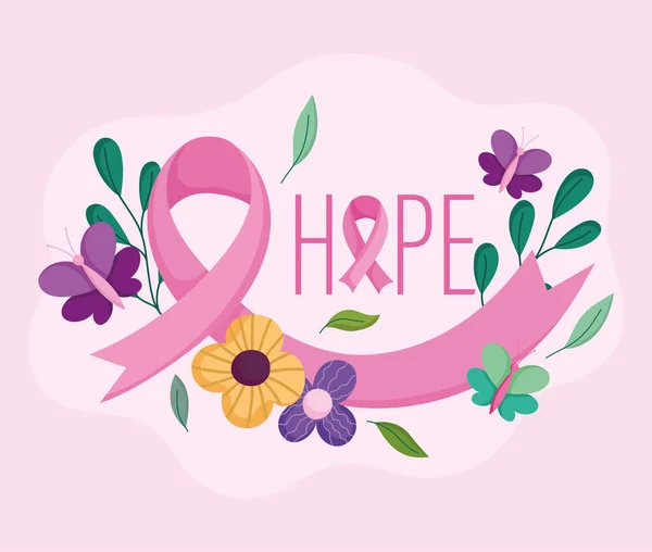 Cáncer de mama conciencia mes esperanza frase positiva flores y cinta diseño — Vector de stock