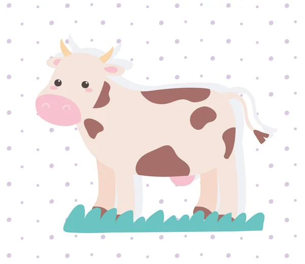 Roztomilý kráva zvíře karikatura v přírodní krajině tečkované pozadí — Stockový vektor