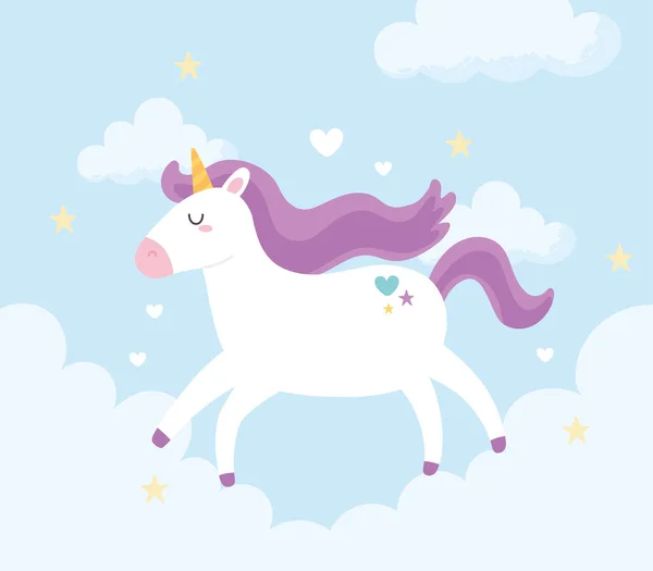 Lindo mágico unicornio corriendo cielo nubes fantasía animal dibujos animados — Vector de stock