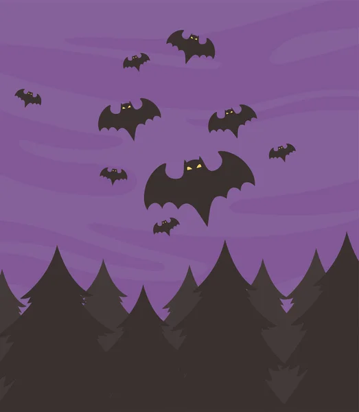 Fröhliches Halloween, fliegende Fledermäuse Nachthimmel Wald Trick oder behandeln Party-Feier — Stockvektor