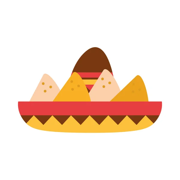 Sombrero mexicain avec nachos food snack icône plate — Image vectorielle