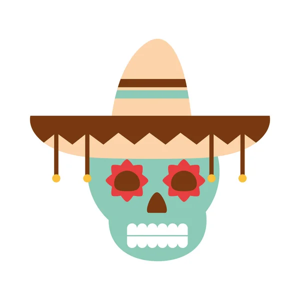 Calavera mexicana con sombrero decoración tradicional icono plano — Vector de stock