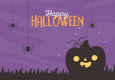 Mutlu cadılar bayramı, komik balkabağı asılı örümcekler gece şakası ya da şeker partisi kutlaması