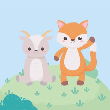 Şirin kedi tilkisi çizgi film hayvanları doğal bir manzarada.