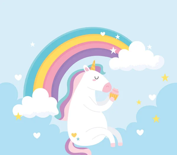 Mignonne licorne magique manger cupcake sucré dans le ciel avec dessin animé arc-en-ciel — Image vectorielle