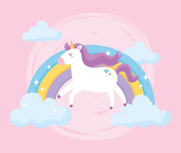 Unicorn yang lucu dengan surai ungu awan pelangi kartun hewan - Stok Vektor