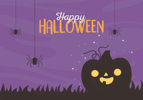 Счастливый Хэллоуин, забавный ночной трюк с висящими пауками или праздник с угощениями — стоковый вектор