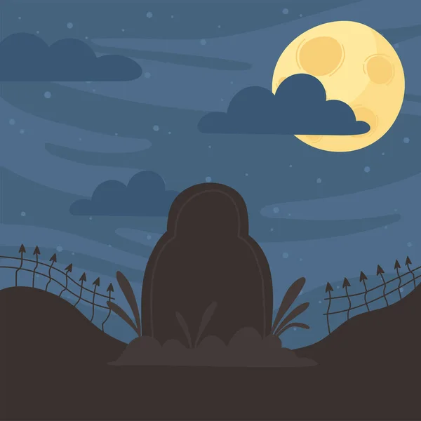 Щасливий Хеллоуїн, огорожа з надгробного каменю Місяць нічні хмари трюк або трактат святкування вечірки — стоковий вектор
