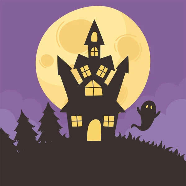 Fröhliches Halloween, Burggespenst Mond Nacht Wald Trick oder Leckerbissen Party-Feier — Stockvektor