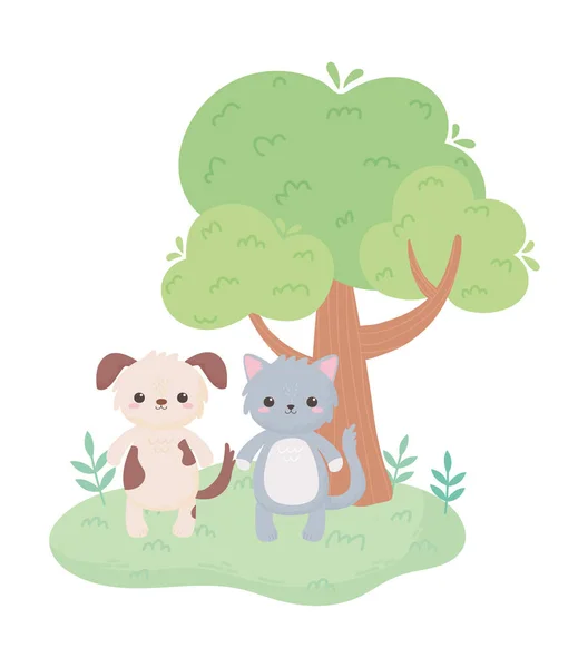 Niedliche Katze Hund Baum Gras Cartoon Tiere in einer natürlichen Landschaft — Stockvektor