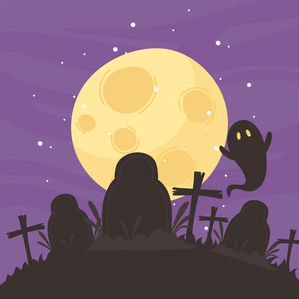 Felice Halloween, cimitero fantasma luna notte cielo trucco o trattare festa celebrazione — Vettoriale Stock