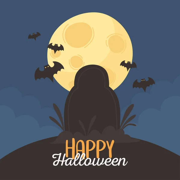 Feliz halloween, tumba murciélagos luna noche truco o tratar fiesta celebración — Archivo Imágenes Vectoriales