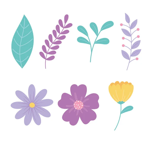 Cartoon flowers branch leaves foliage nature decoration icons — Stock Vector