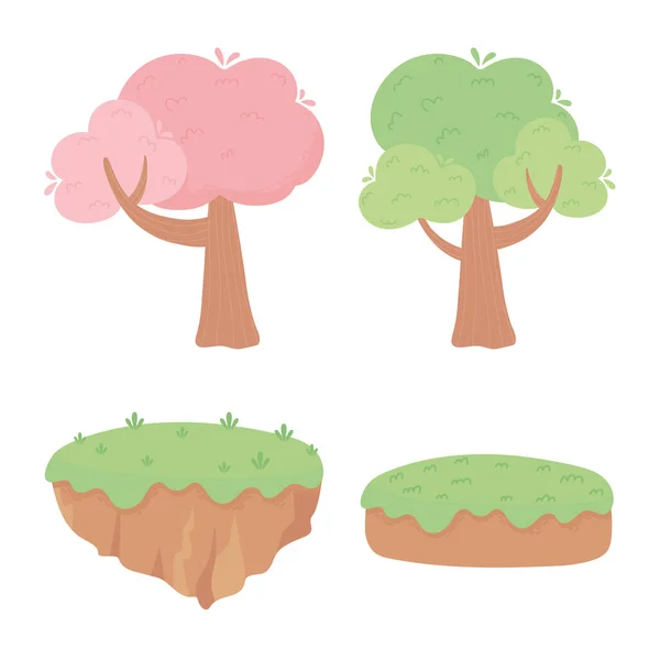 Árboles bosque suelo hierba anture follaje dibujos animados iconos — Vector de stock