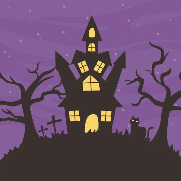 Felice Halloween, castello gatto alberi secchi trucco o trattare festa celebrazione — Vettoriale Stock