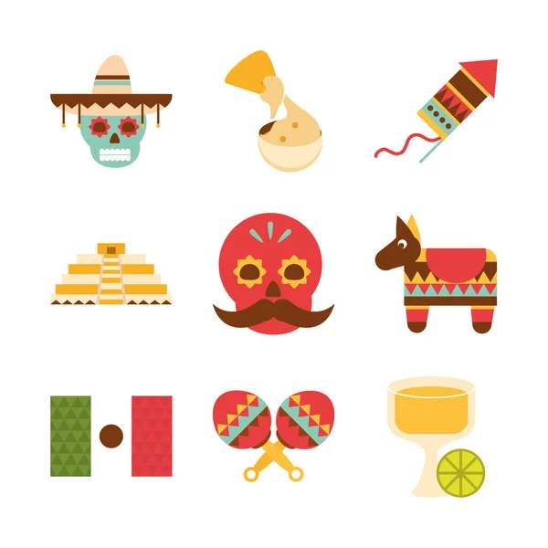 Ícones mexicanos definir decoração celebração festiva design plano tradicional — Vetor de Stock
