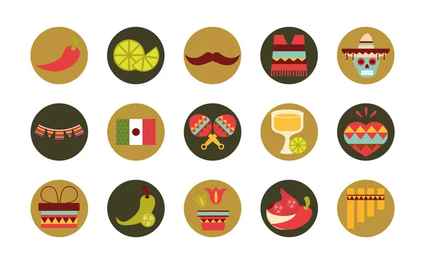 Mexicano ícones coleção decoração celebração festiva design plano — Vetor de Stock