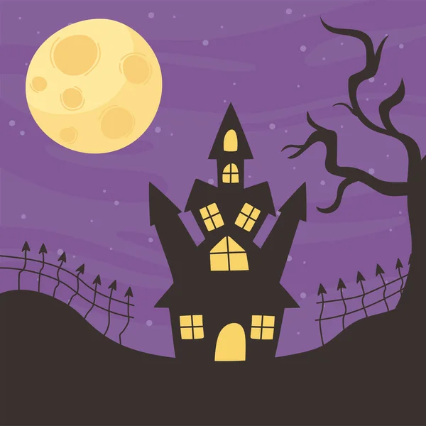 Happy Halloween, Burgnacht Mondbaum und Zaun Trick oder Leckerbissen Party-Feier — Stockvektor