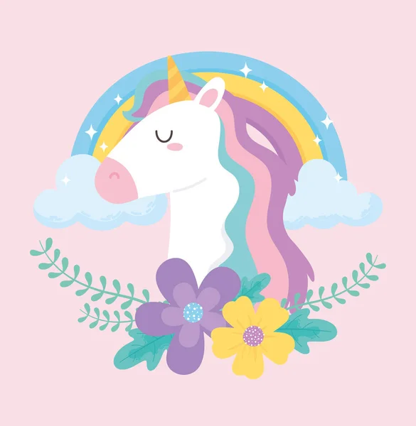 Cute unicorn bunga pelangi awan mimpi kartun hewan - Stok Vektor