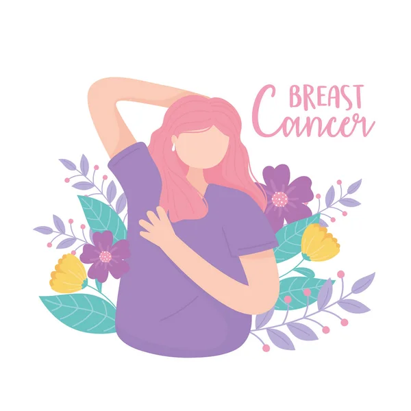 Cáncer de mama conciencia mujer flores dibujos animados vector de diseño — Vector de stock