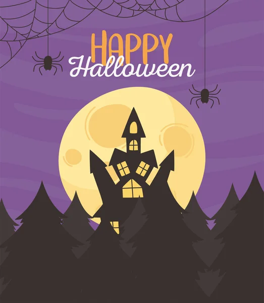 Feliz halloween, noche luna murciélagos castillo y bosque truco o tratar fiesta celebración — Archivo Imágenes Vectoriales