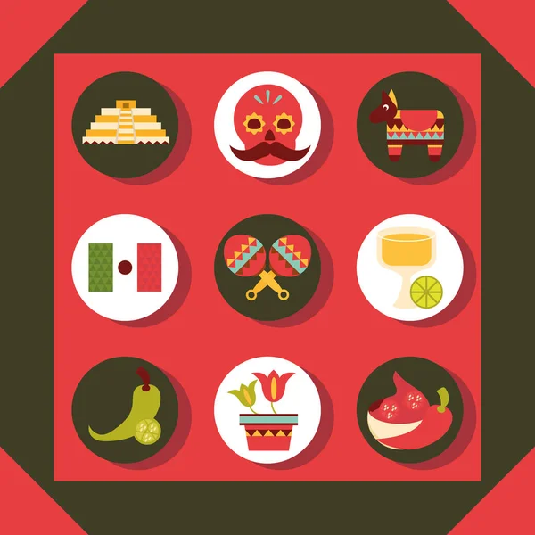 Ícones mexicanos definir decoração celebração festiva design plano tradicional — Vetor de Stock